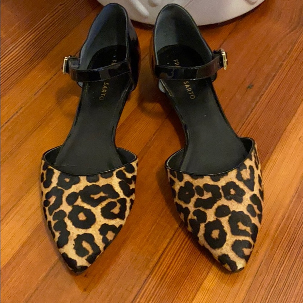 Black patent leather and leopard print flats